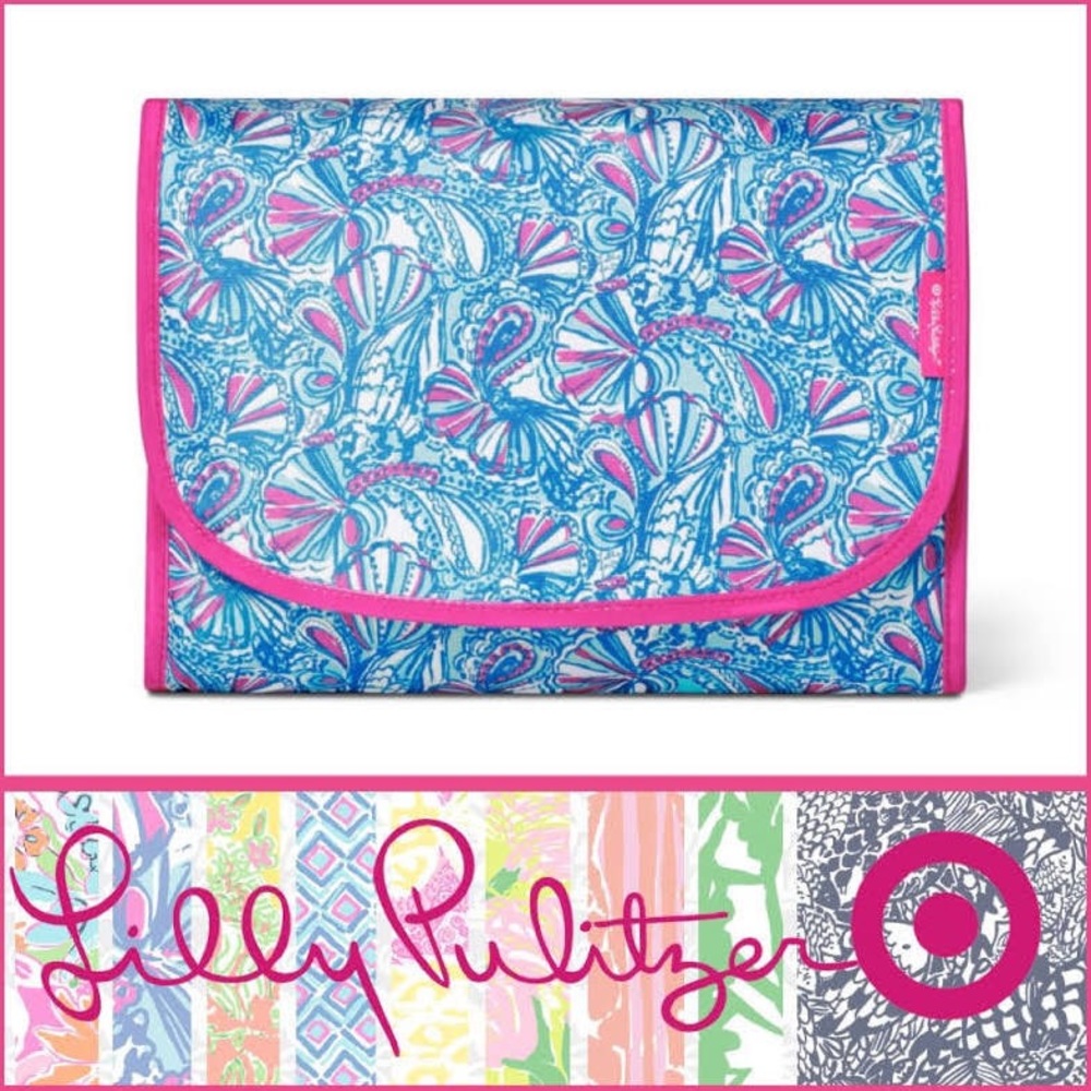 Lily Pukitzer X Target blue and pink toiletries makeup cosmetics bag